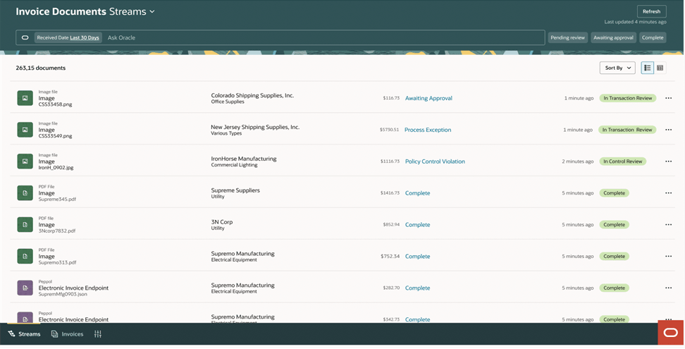 The Invoice Document Streams Page
