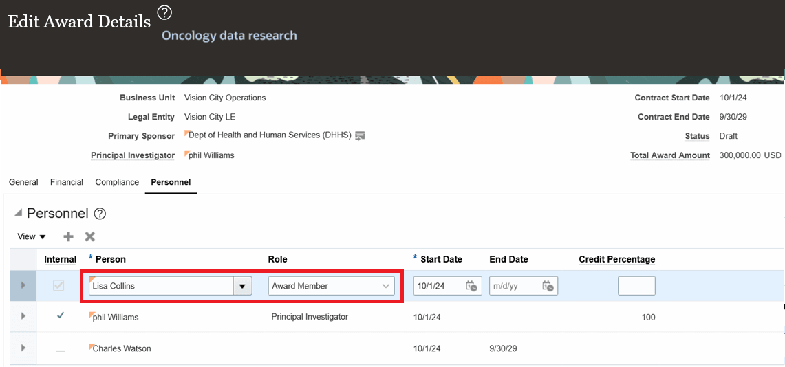 Assign user to custom project role in Award Details page