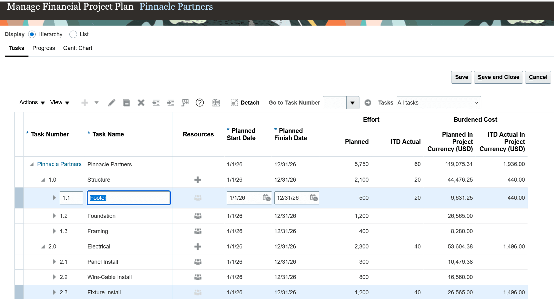 Manage Financial Project Plan page showing actual costs for leaf tasks 1.1 and 2.3.