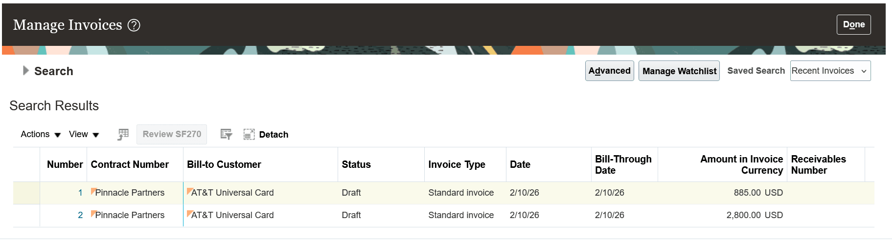 Manage Invoices page showing two draft invoices, one for each top task: Structure and Electrical
