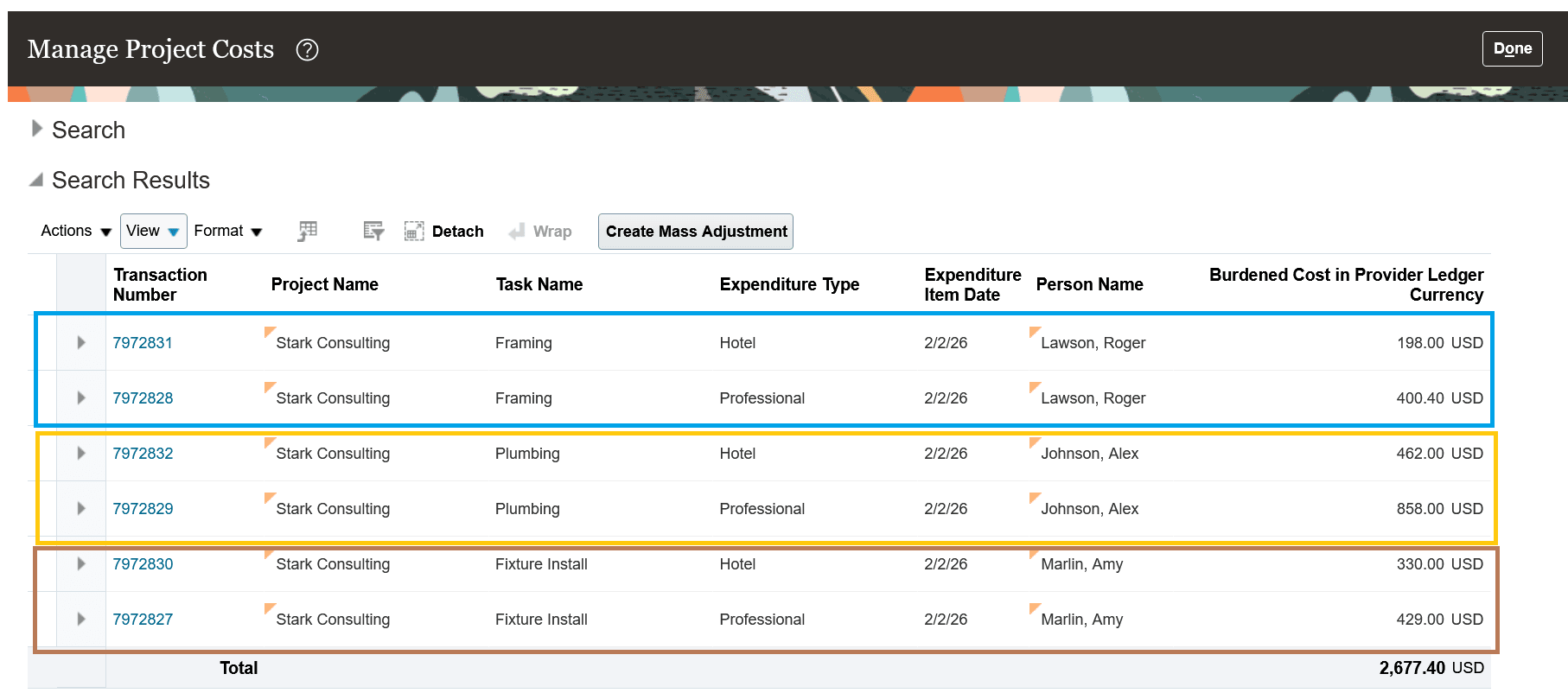 The Manage Project Costs page, showing time and expense transactions for three project resources (Roger Lawson, Alex Johnson, and Amy Marlin).