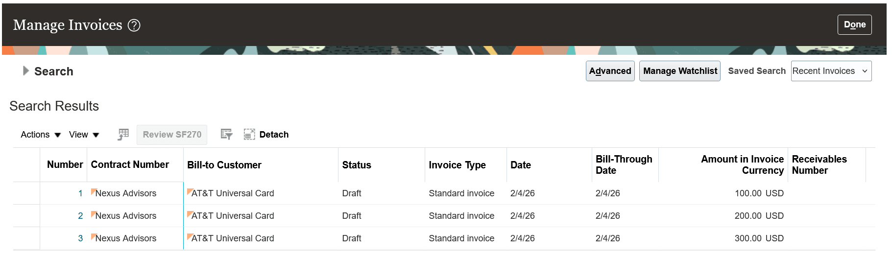 The Manage Invoices page showing three draft invoices, one for each billing event.