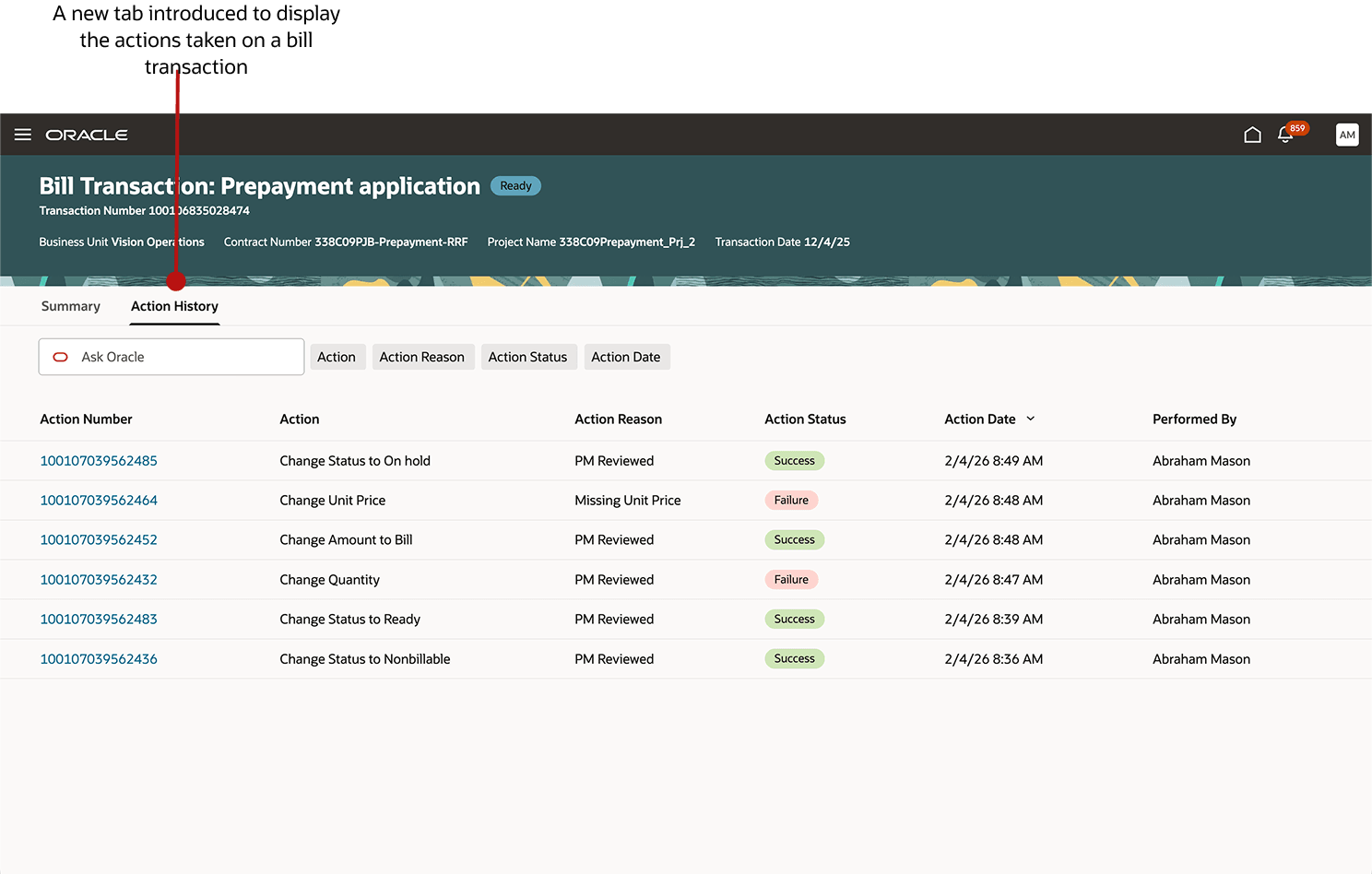 A screenshot showing the Action History tab&nbsp;for a bill transaction.