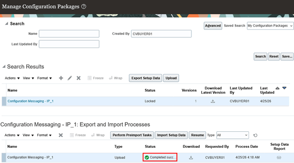Manage Configuration Packages – Upload Successful
