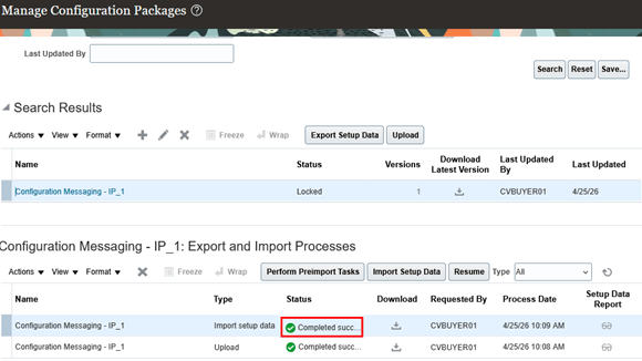 Manage Configuration Packages – Import Successful