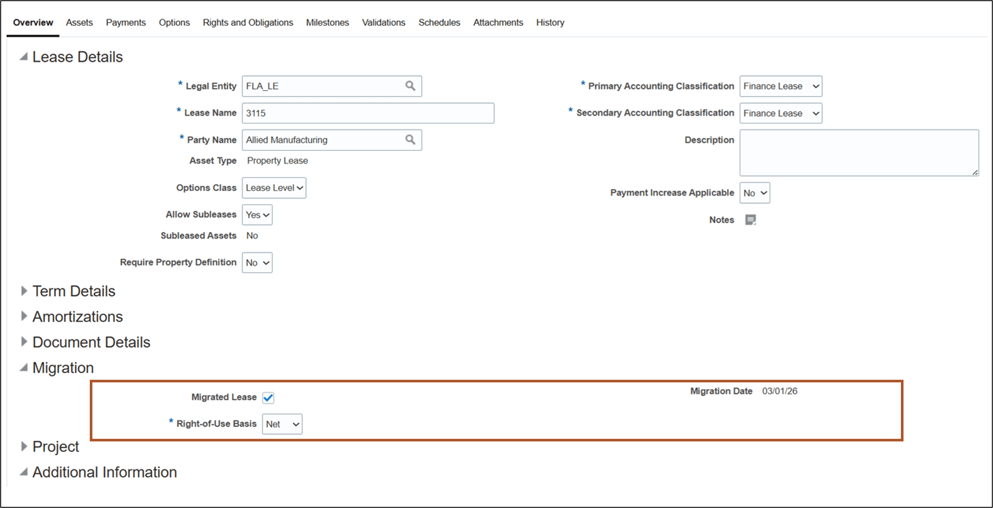 Lease Details page - Migrated Lease with Net Right-of-Use Basis