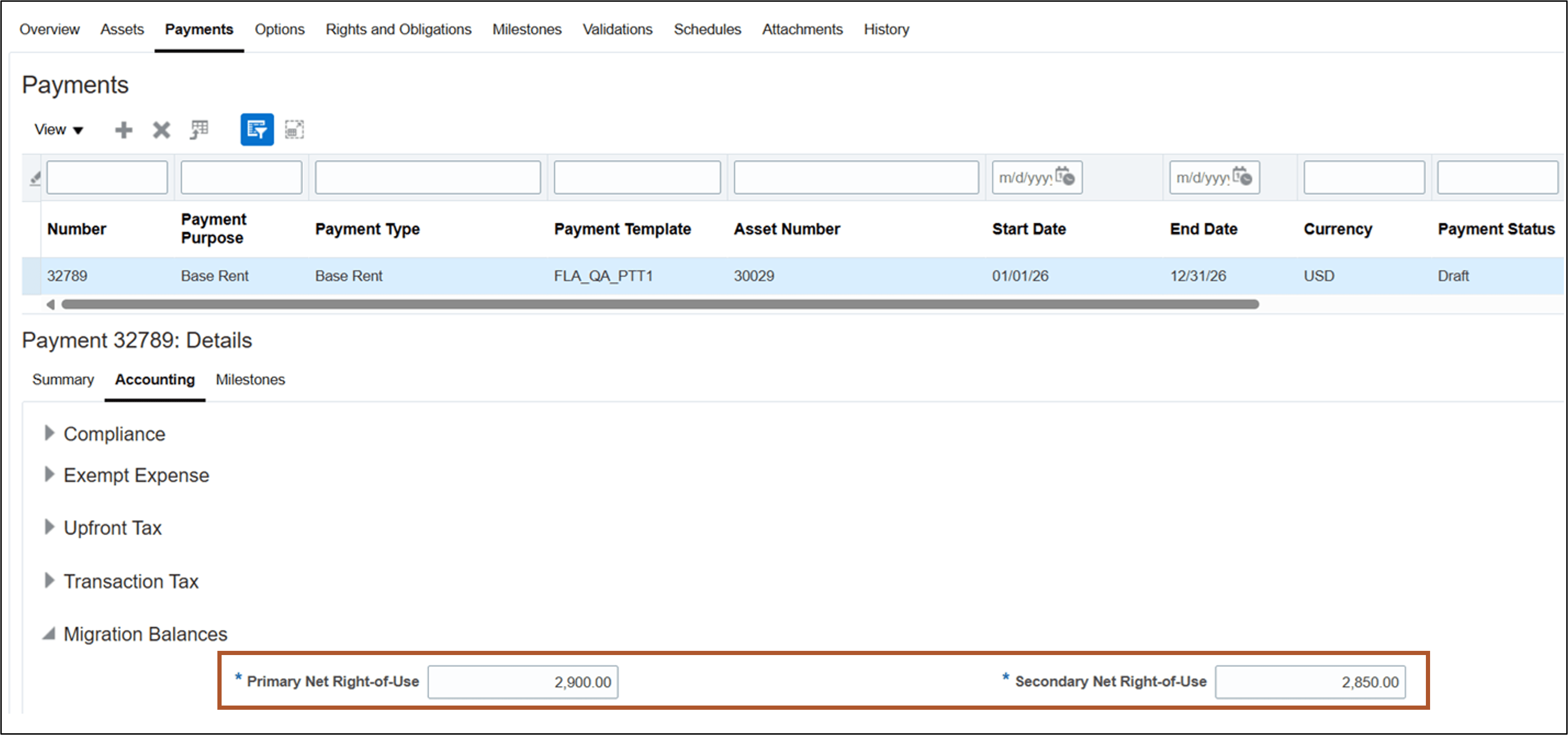 Update Payments page - Net Right-of-Use Migration Balances