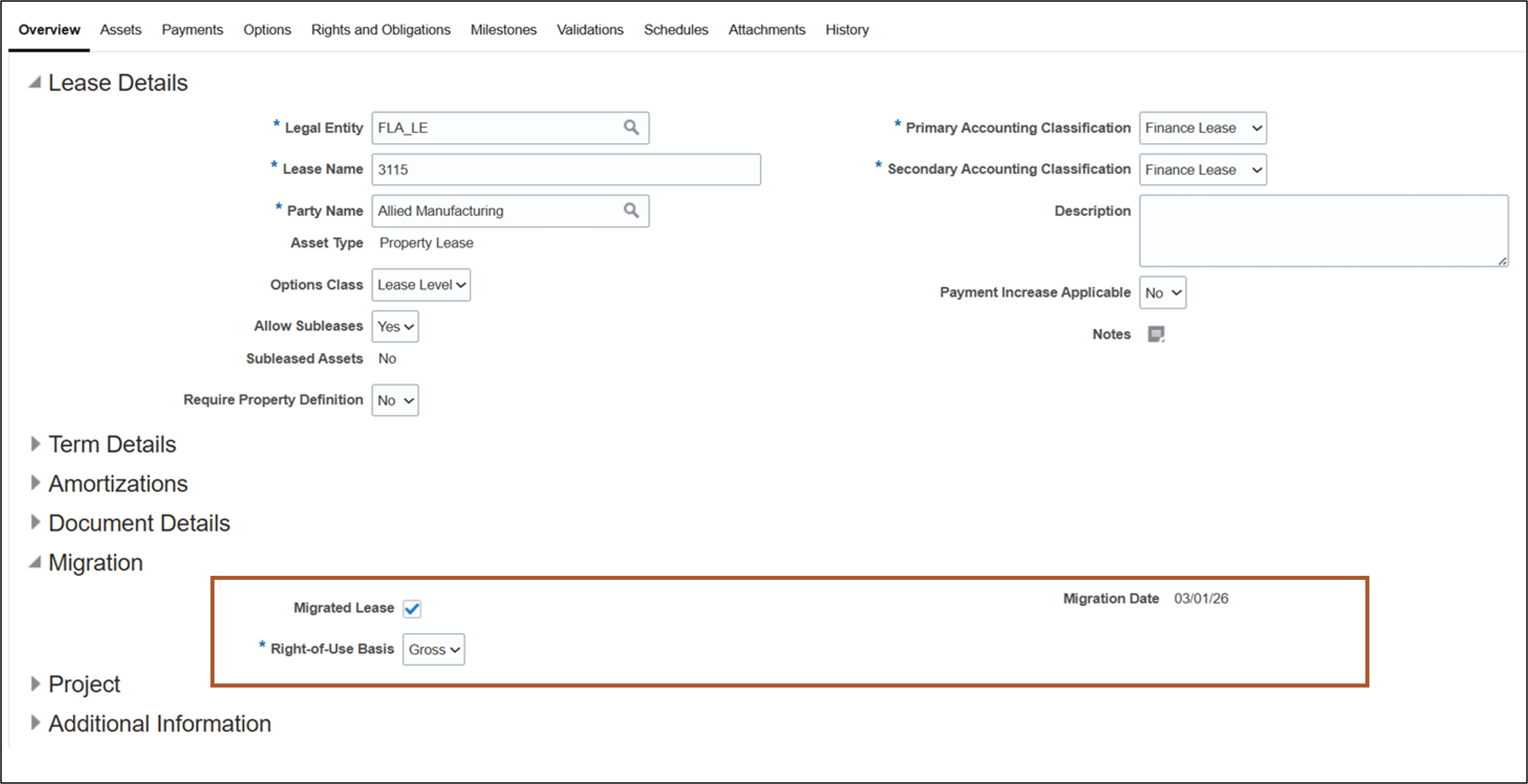 Lease Details page - Migrated Lease with Gross Right-of-Use Basis