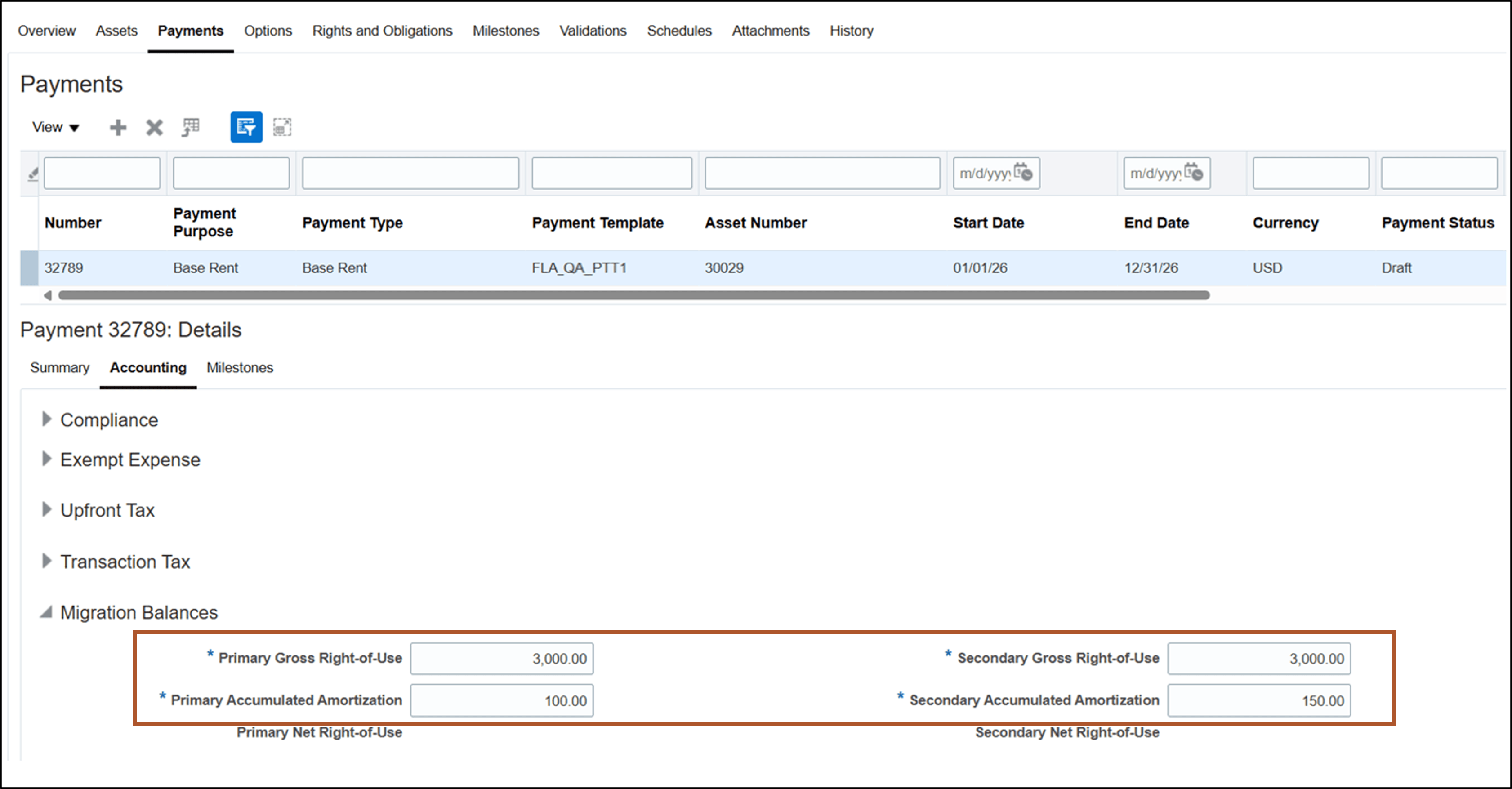 Update Payments page - Gross Right-of-Use Migration Balances