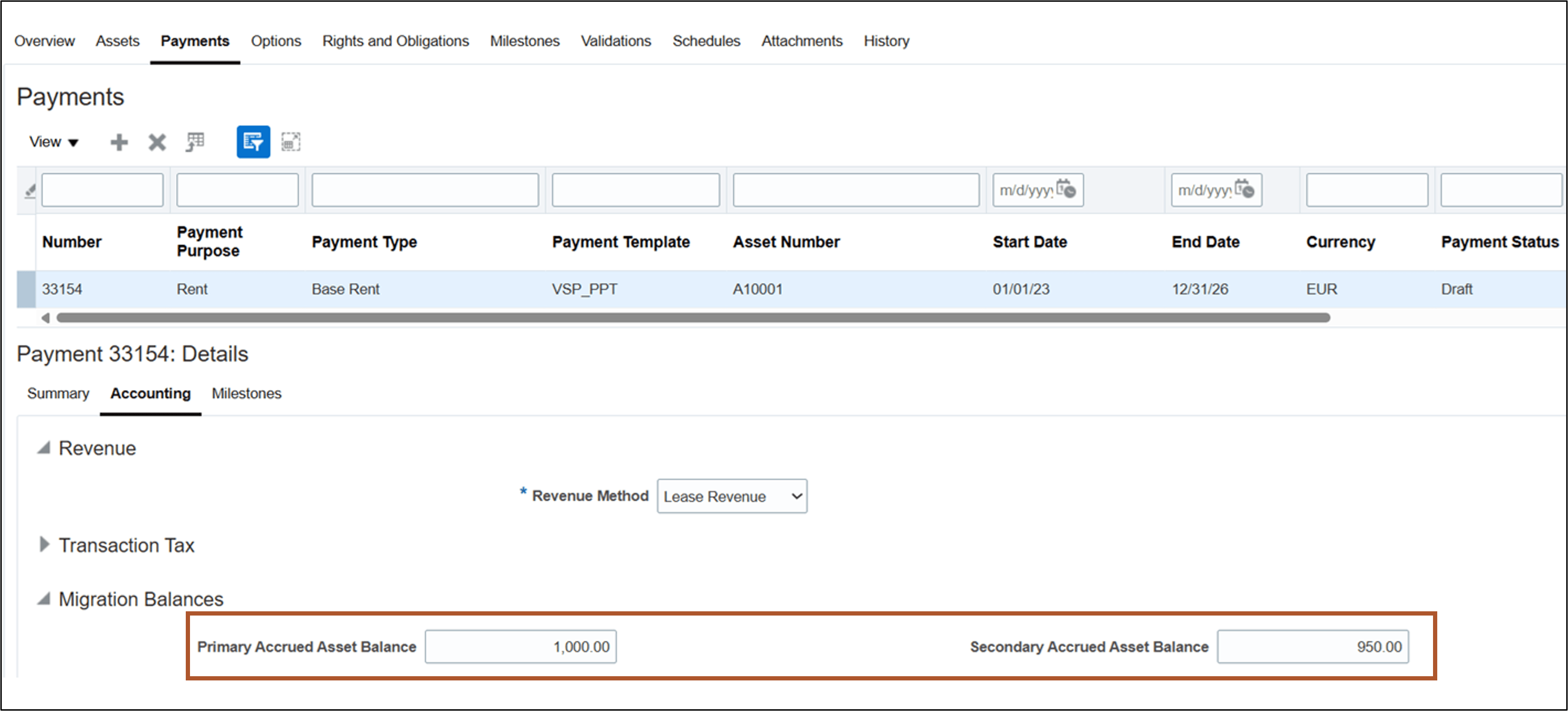 Update Payments Page - Accrued Asset Migration Balances