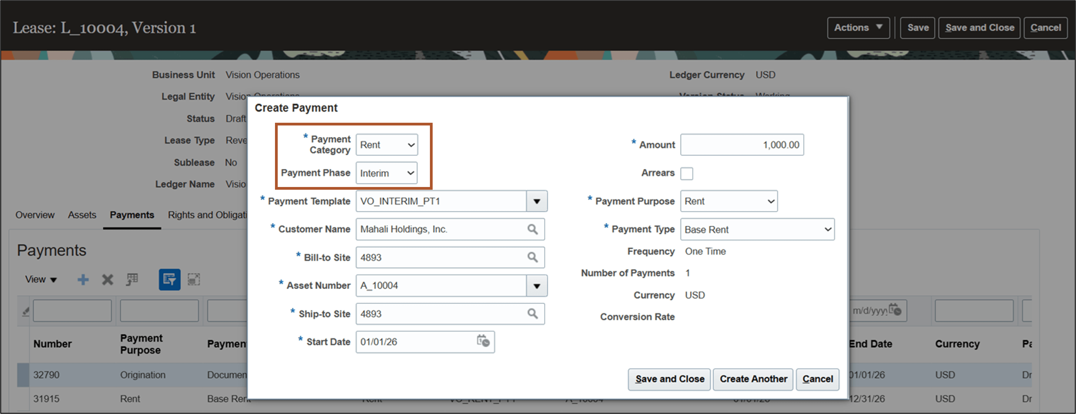 Create Payment page - Interim Rent