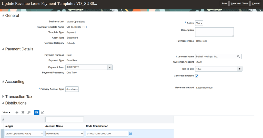 Update Revenue Lease Payment Template page - Subsidy