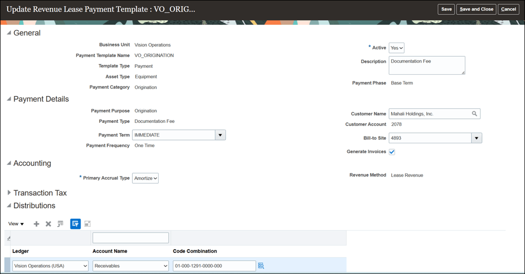 Update Revenue Lease Payment Template page - Origination