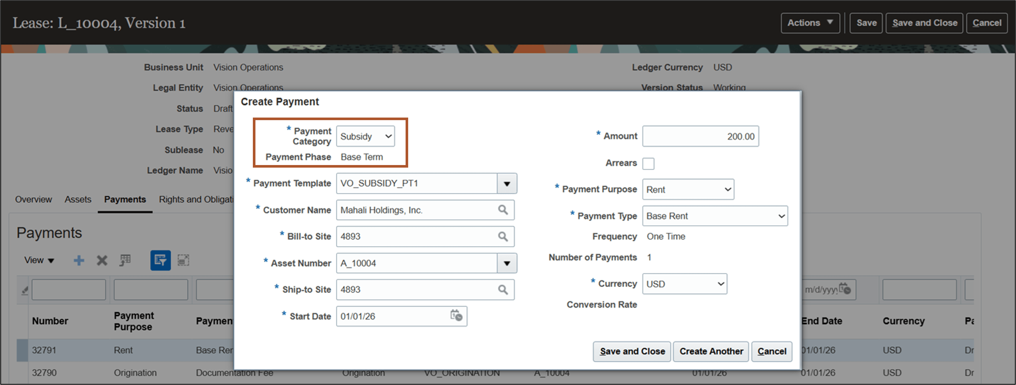 Create Payment page - Subsidy