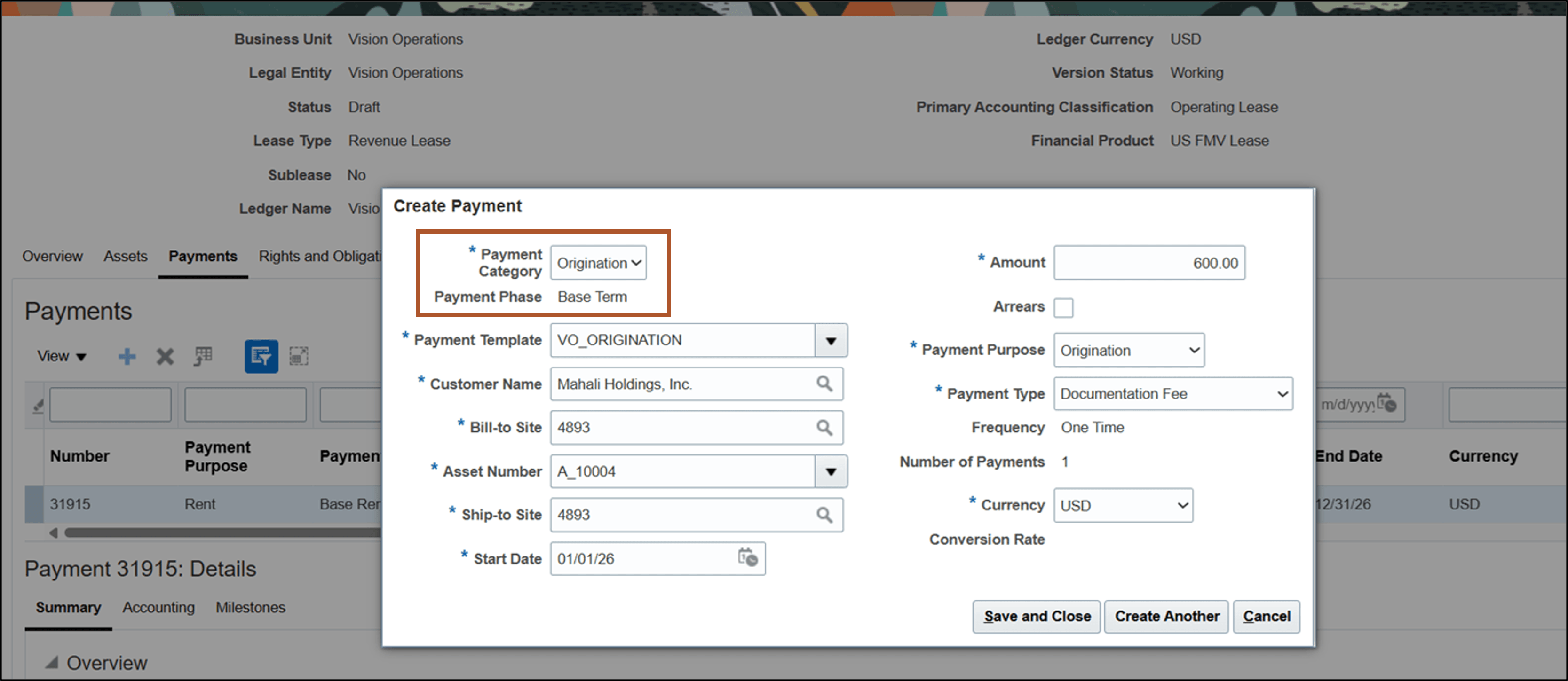 Create Payment page - Origination