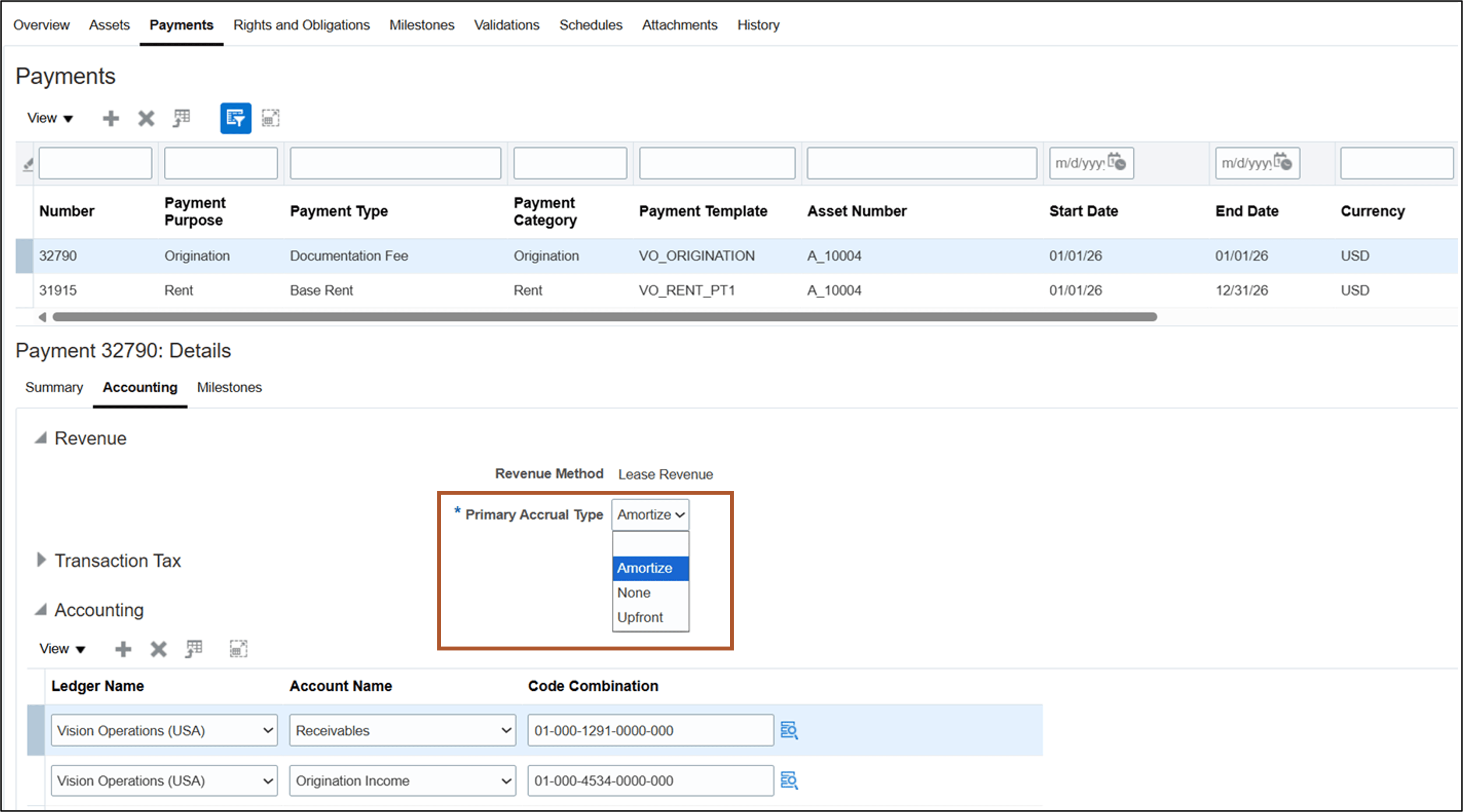 Payment Details Accounting tab - Origination