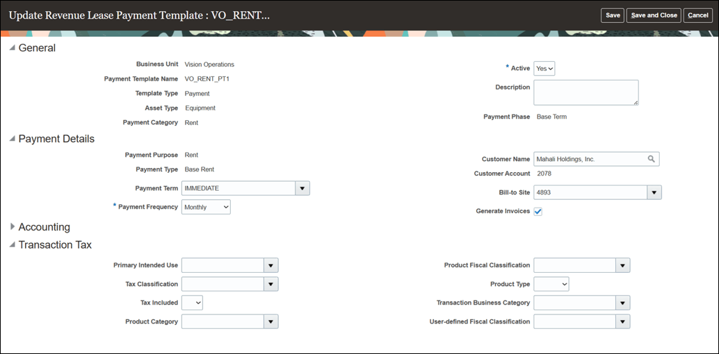 Update Revenue Lease Payment Template page - Rent