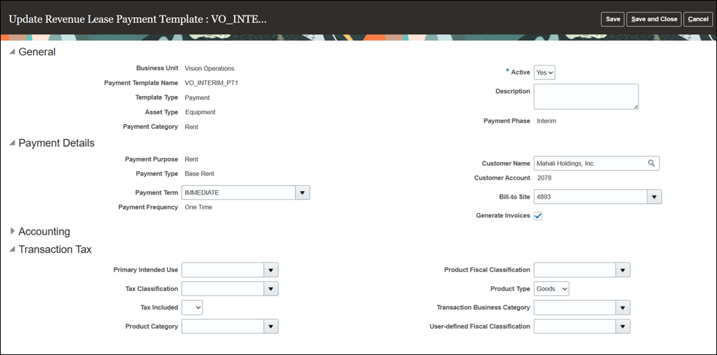 Update Revenue Lease Payment Template page - Interim Rent