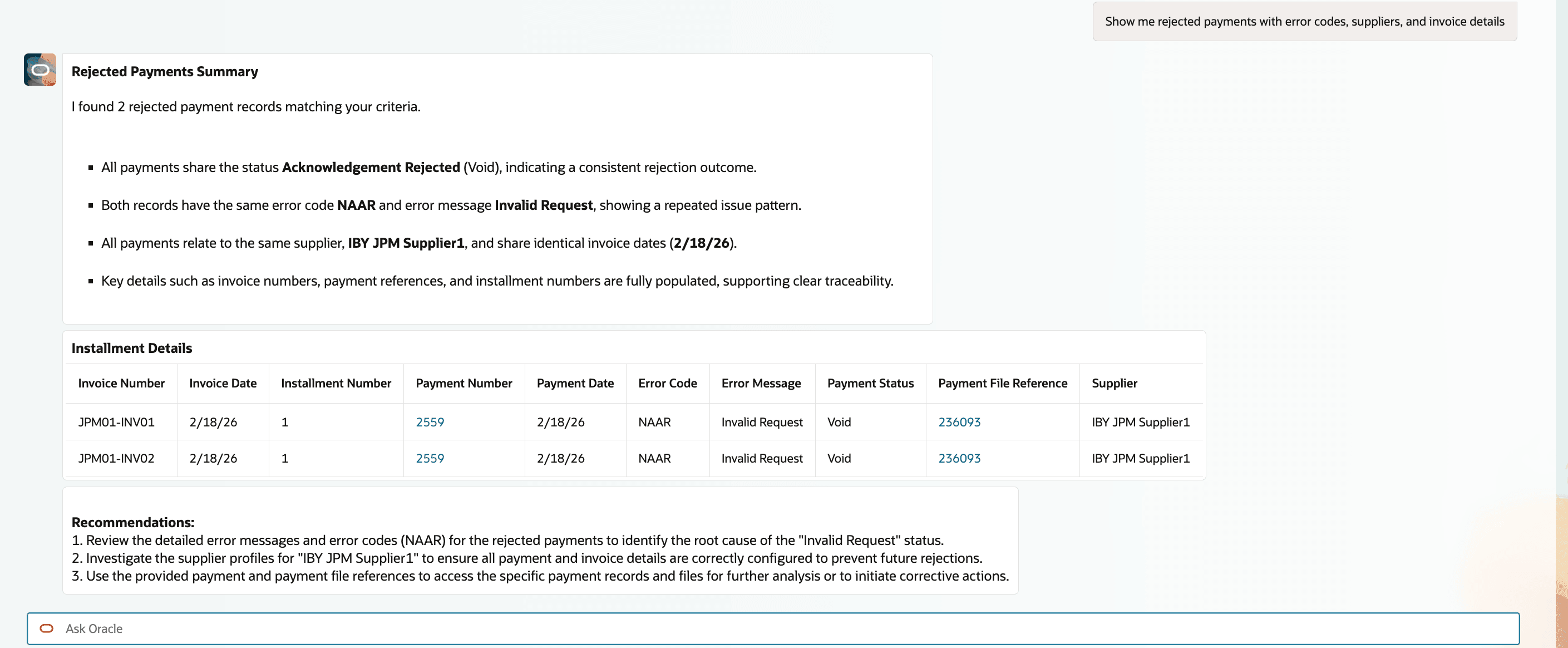 User can view rejected payments with summary and suggestions
