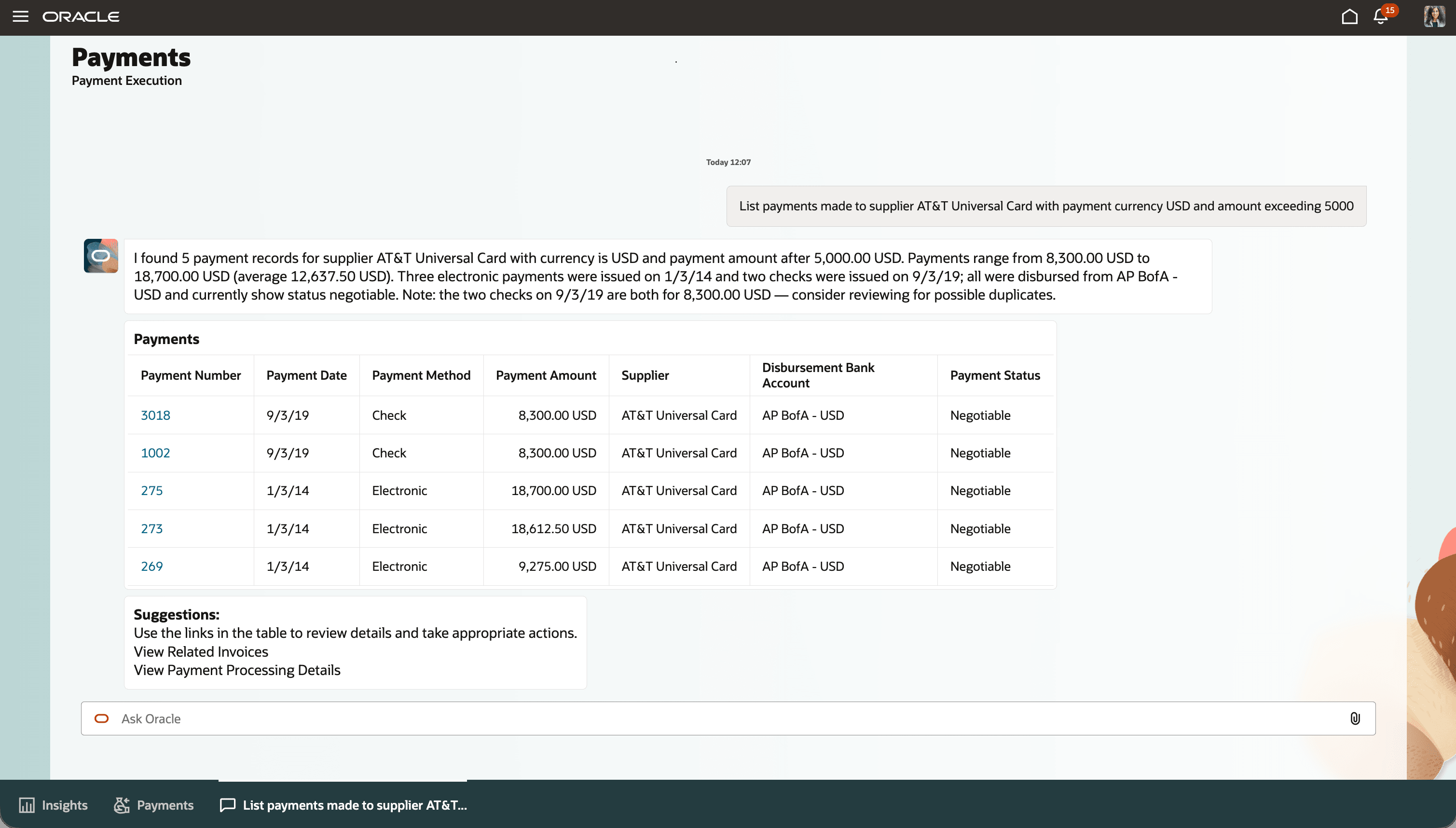 User wants to see the payments made to a supplier using their own criteria