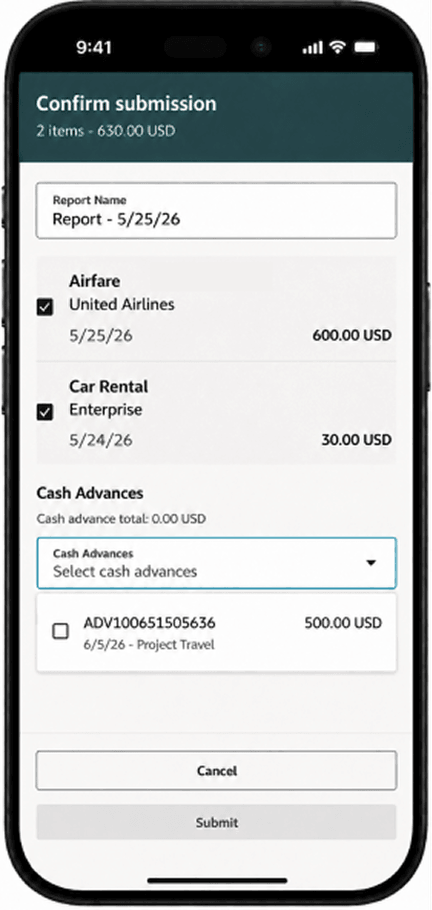 Select one or more cash advances to apply