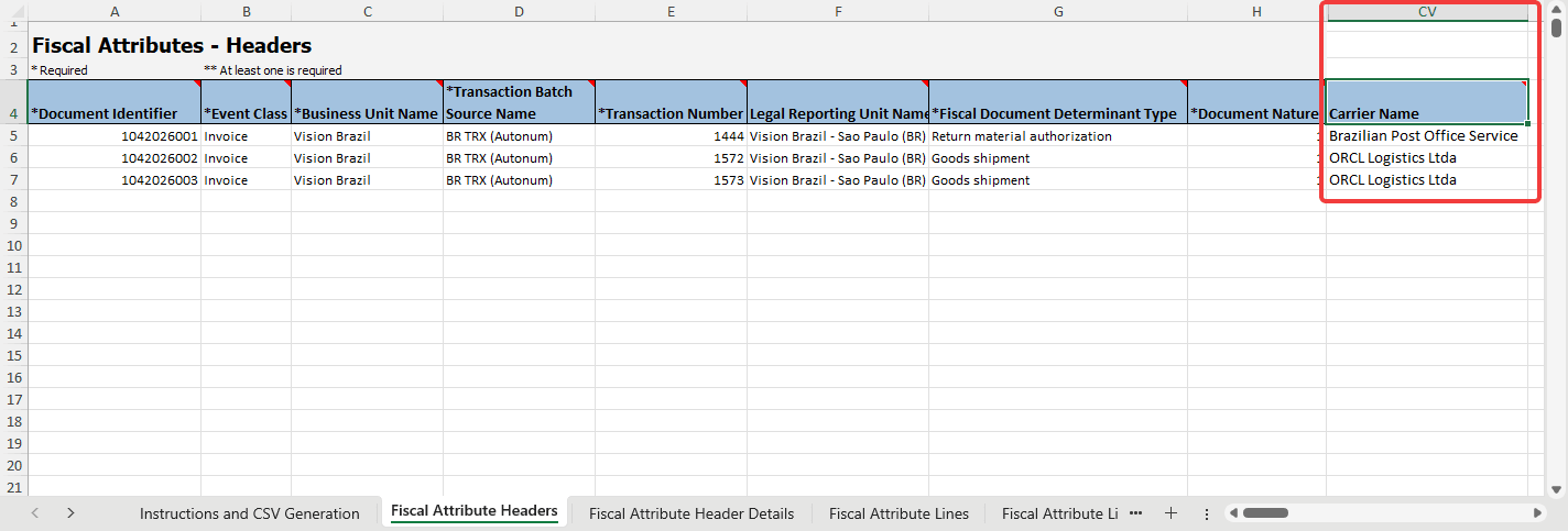 Import Outbound Fiscal Attributes FDBI template