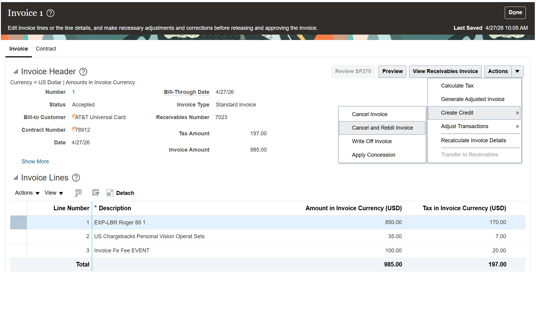 Cancel and Rebill Invoice Crediting Action