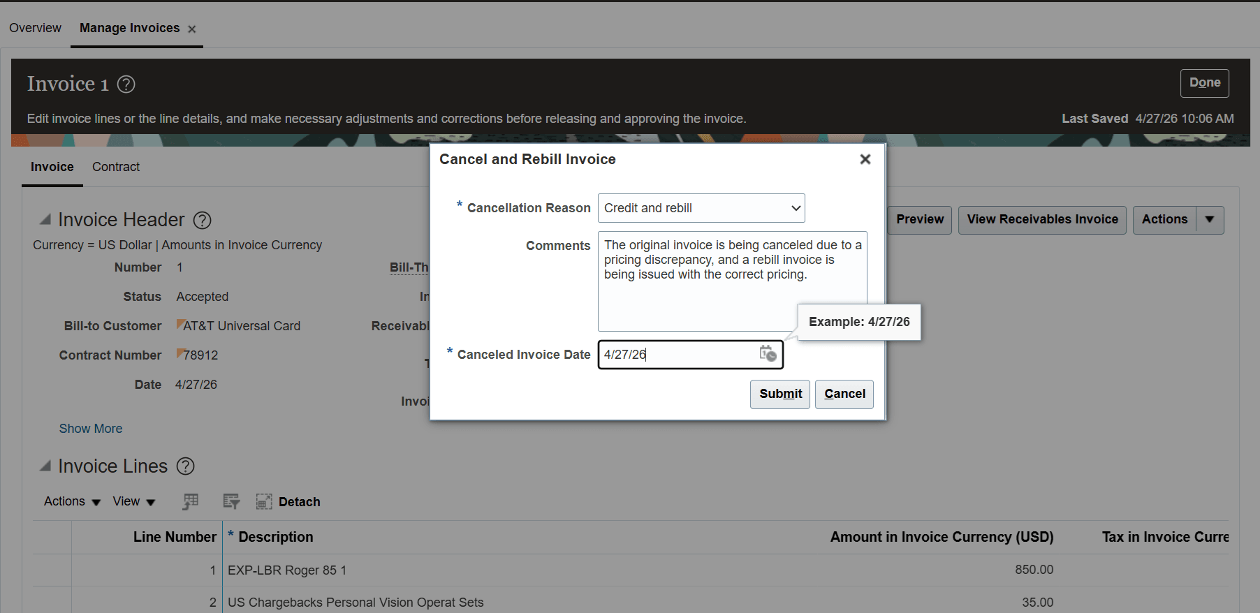 The popup that is displayed when the Cancel and Rebill Invoice action is invoked.