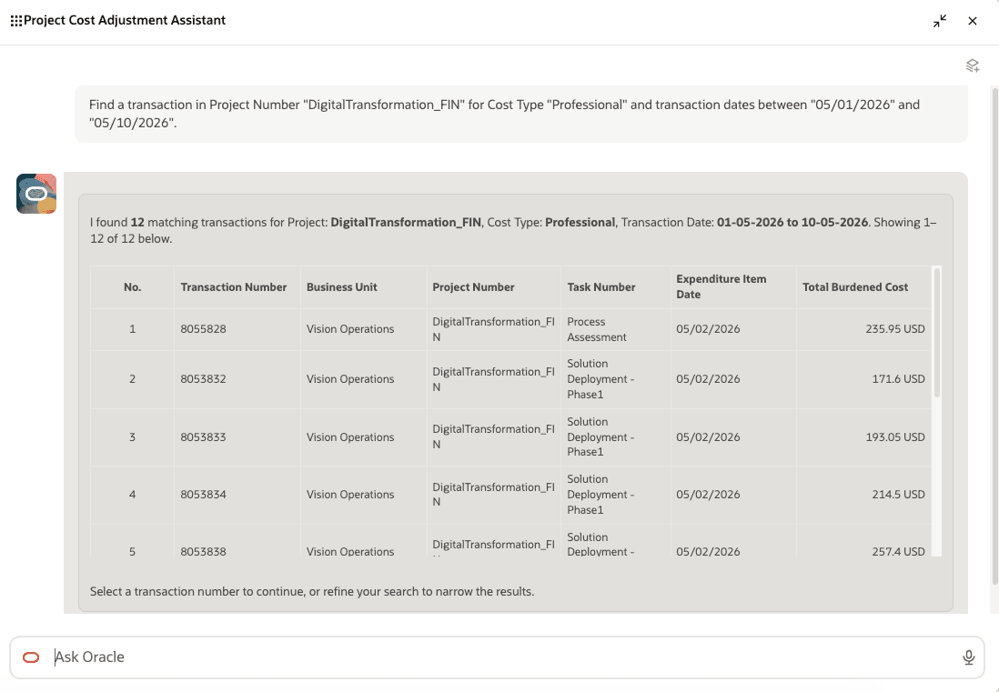 Find a transaction in the Project Cost Adjustment Assistant