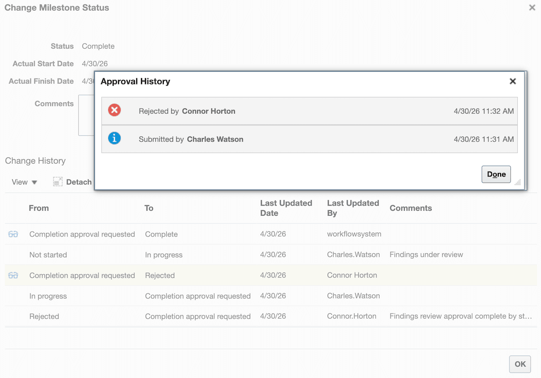 Change Milestone Status - Approval History