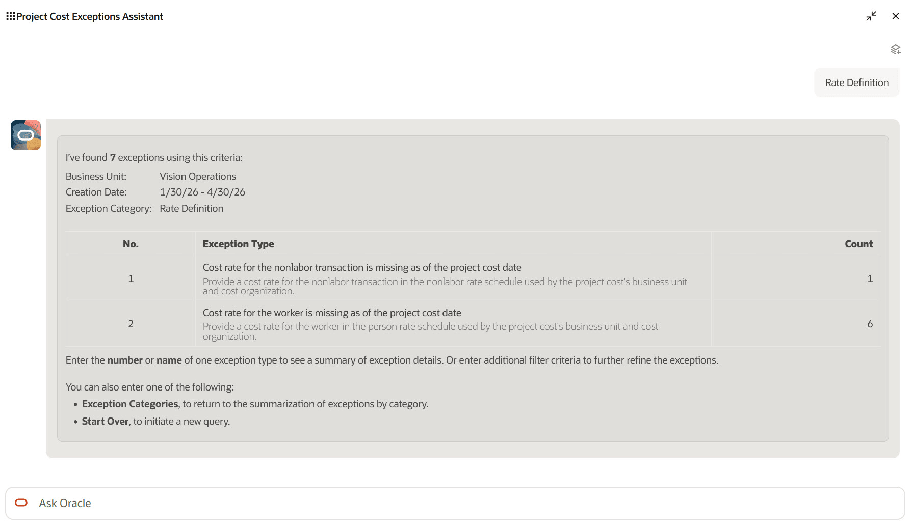 Exceptions for an Exception Category Summarized by Exception Type