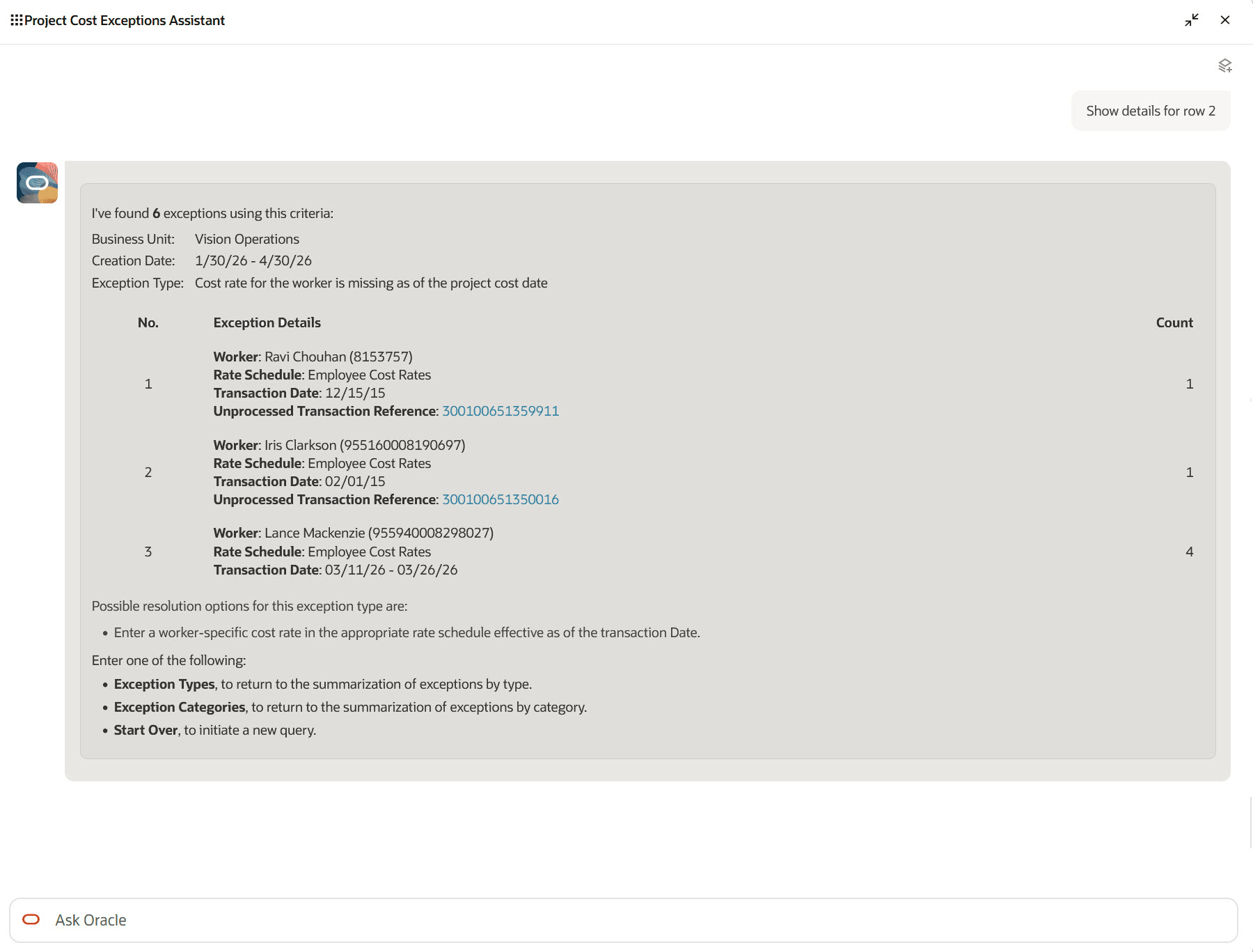Summarized Exception Details for an Exception Type