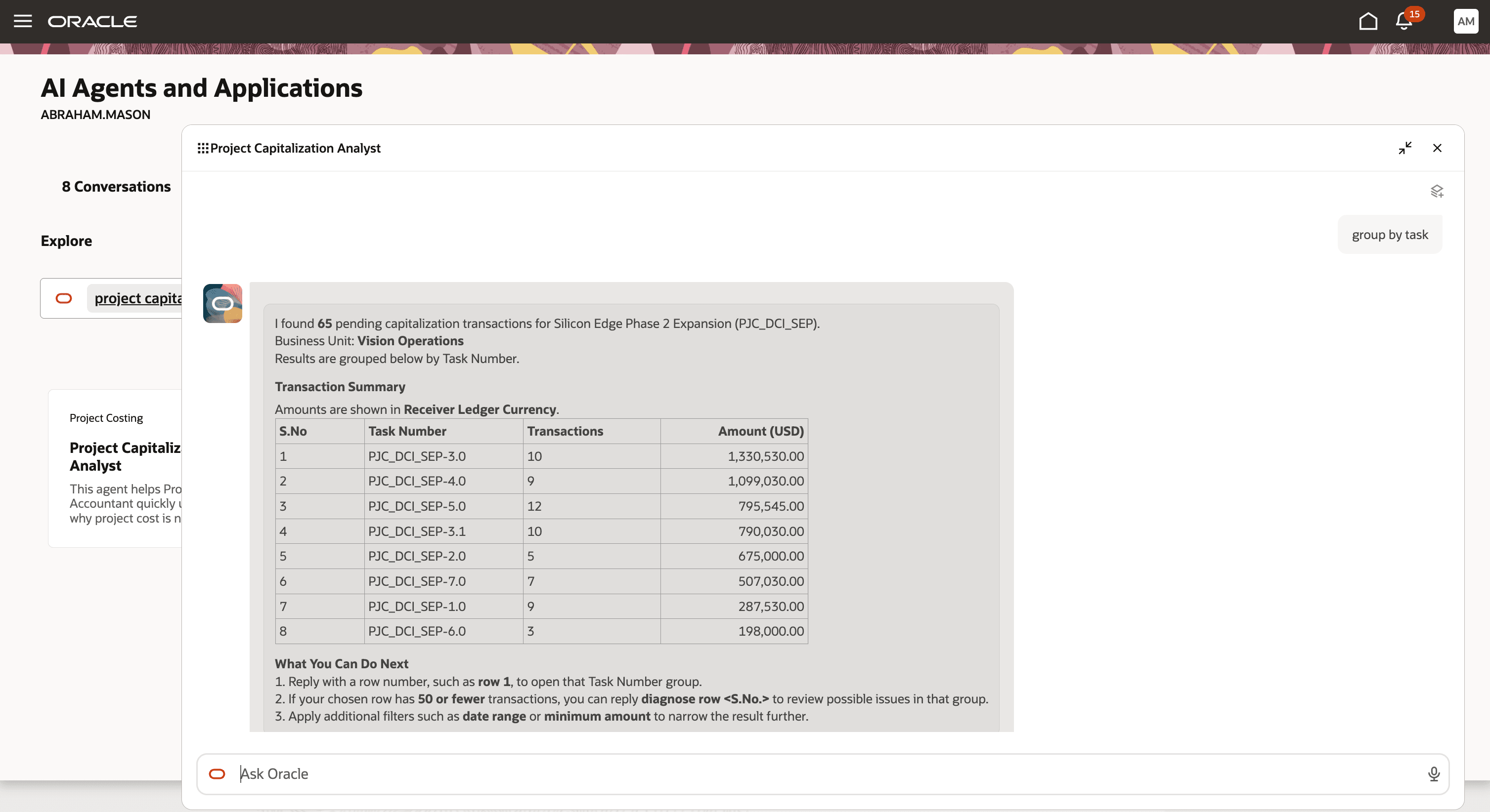 Grouping pending capitalization costs by task
