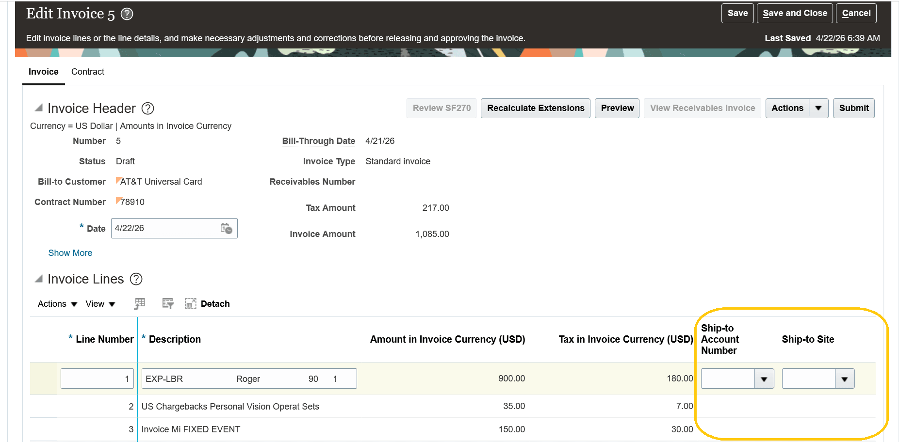 A project contract invoice showing the Ship-to Account Number and Ship-to Site fields as empty but updatable
