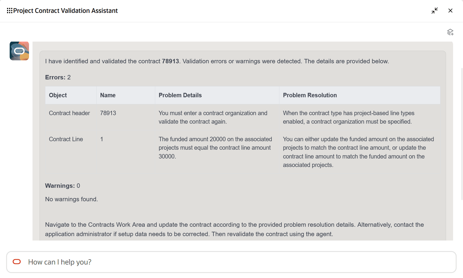 Validating a Contract with Warnings or Errors