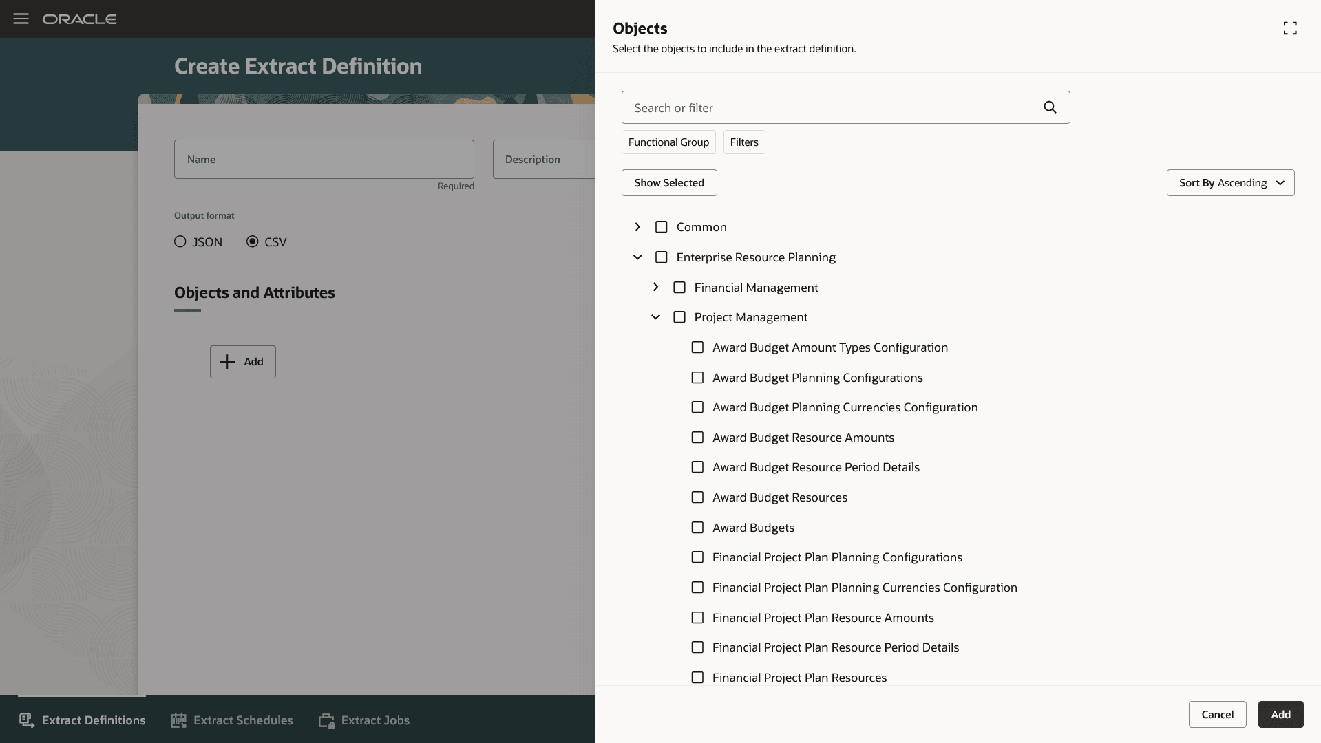Selecting business objects to include in the extract definition  (Navigation: Tools > Data Extraction)