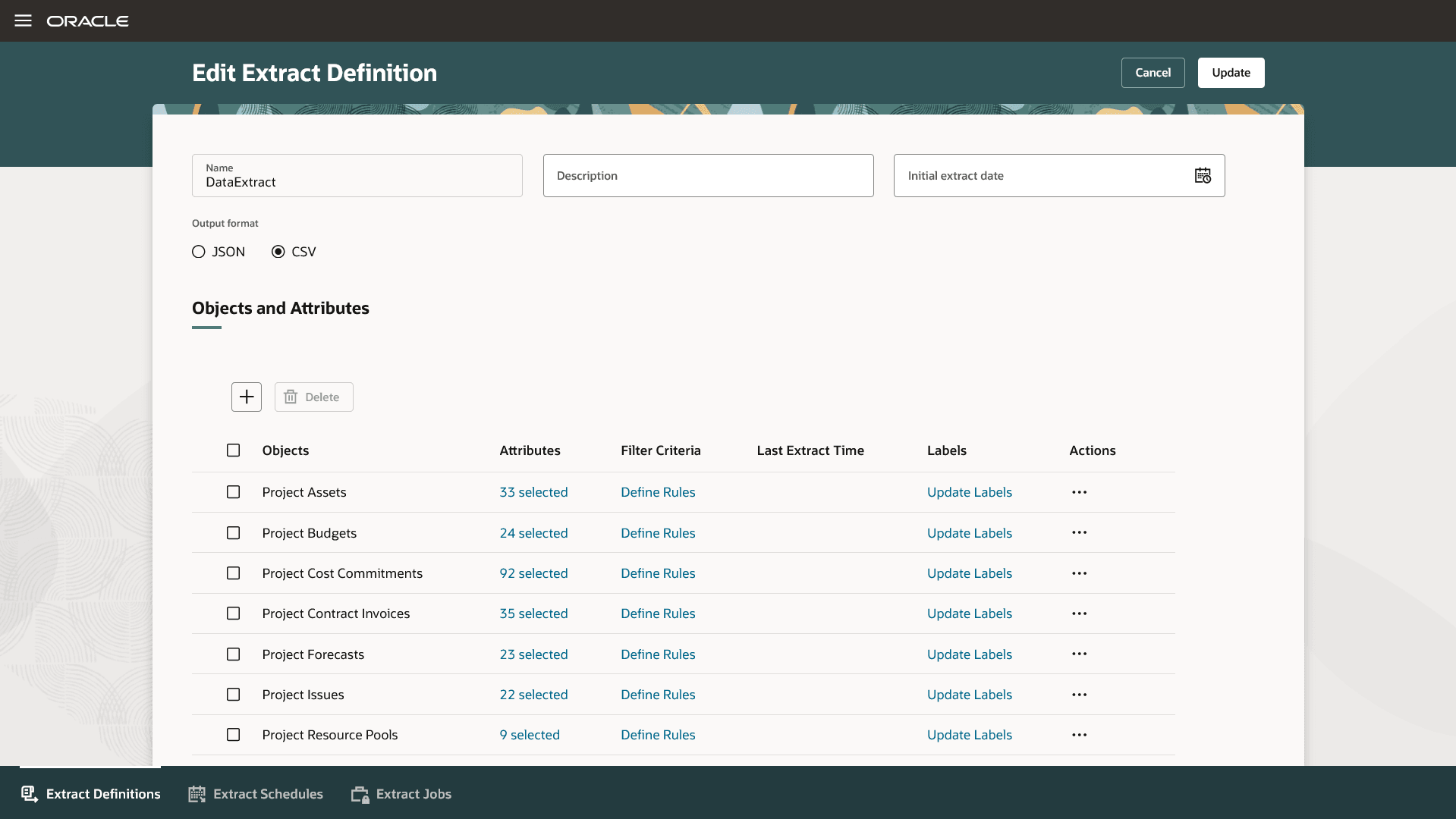 Selecting attributes and filter criteria for the extract definition