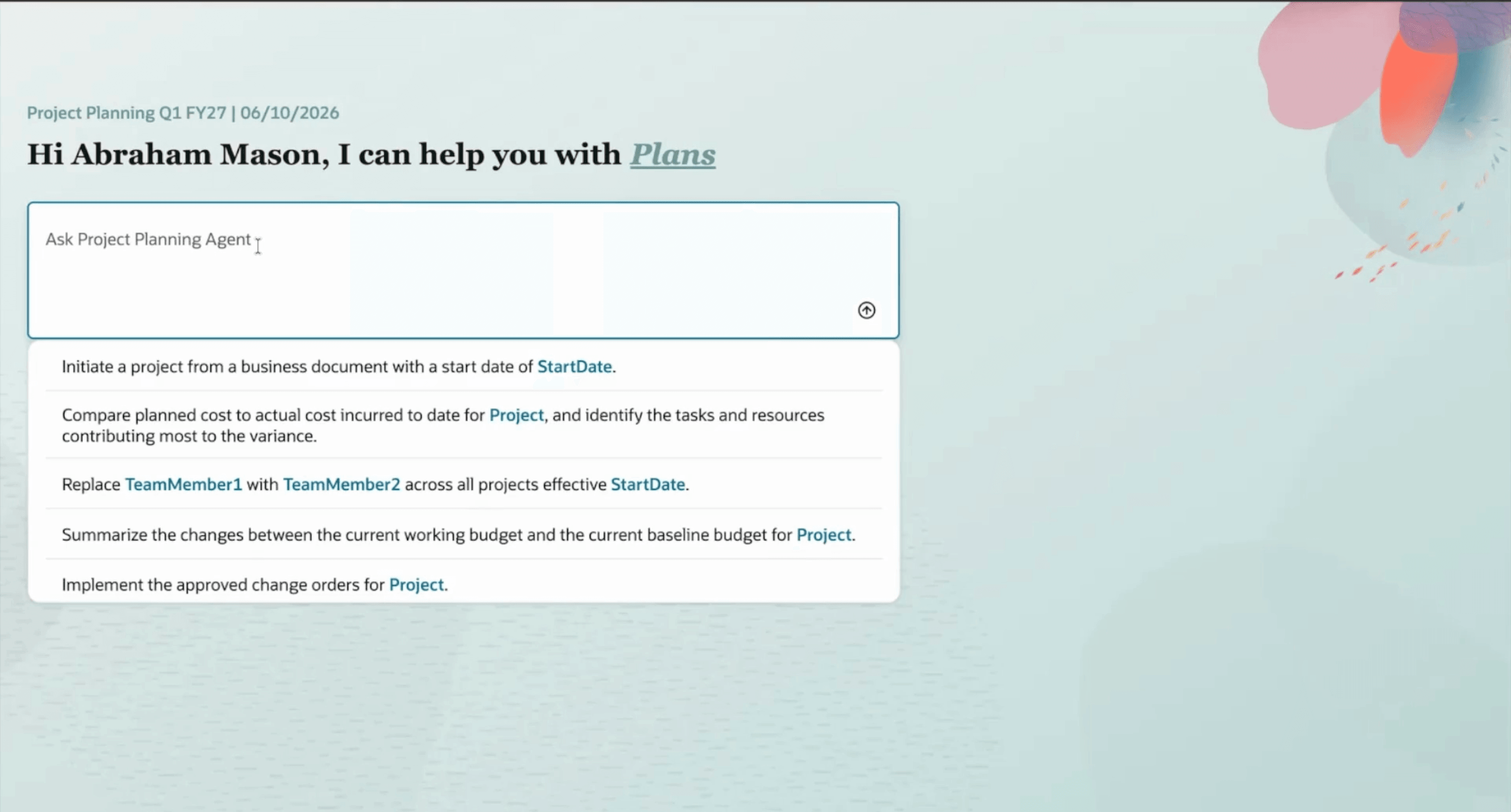 Planning Agents Landing Page with seeded suggestions