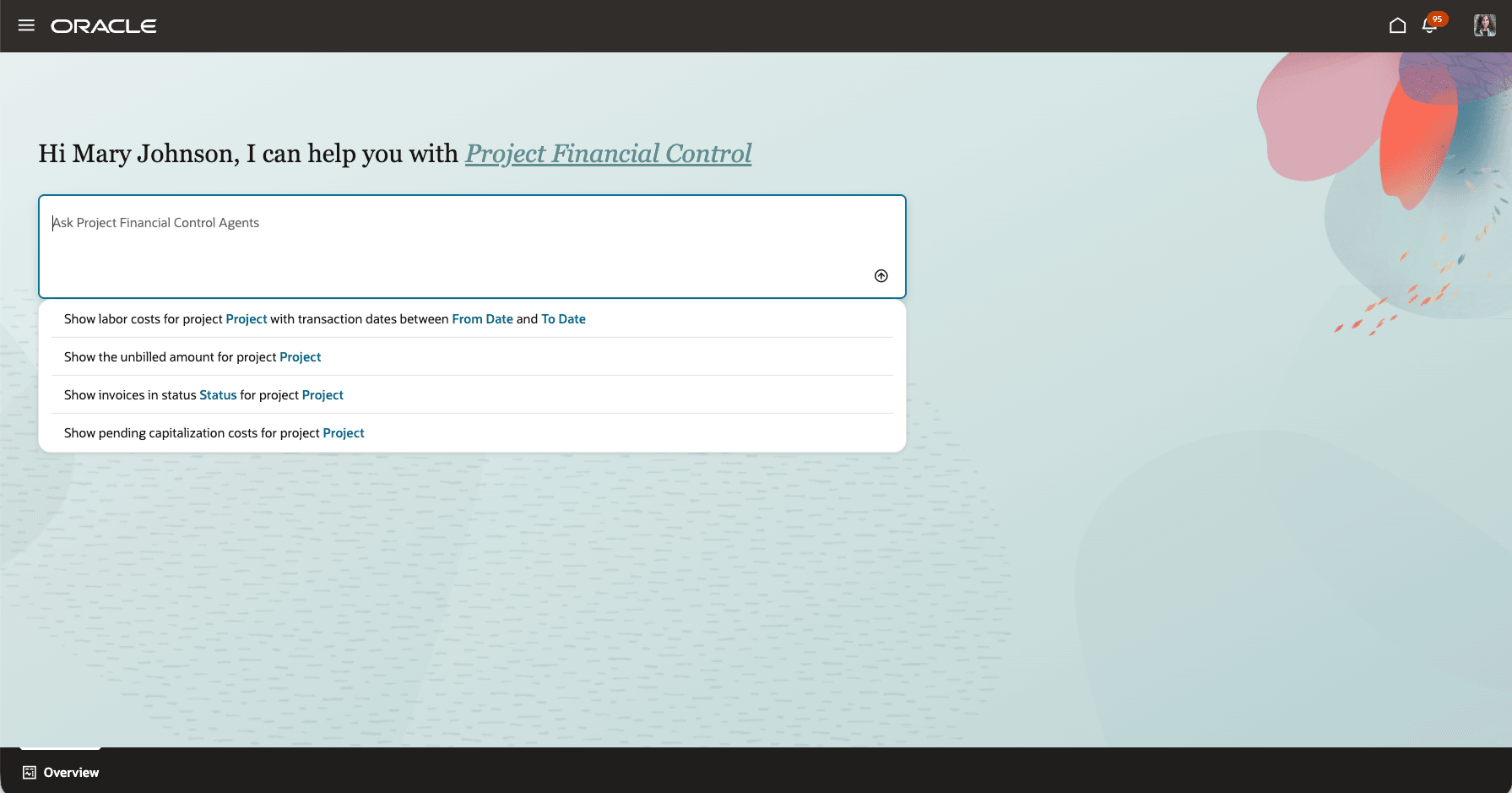 Financial Control Agents Landing Page with predefined prompts