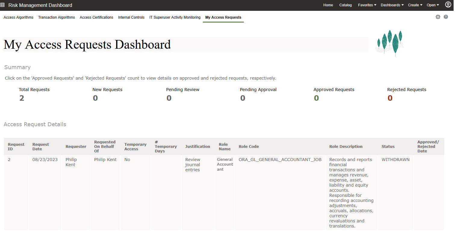 My Access Requests Dashboard page