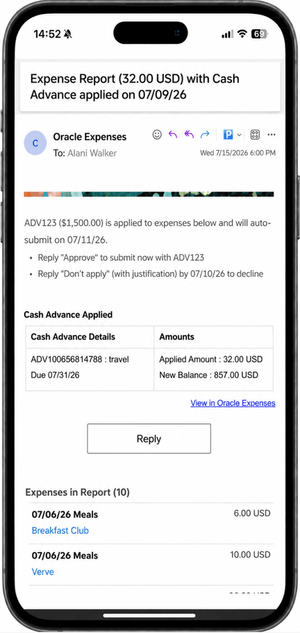 Email notification displaying an expense report with an applied cash advance