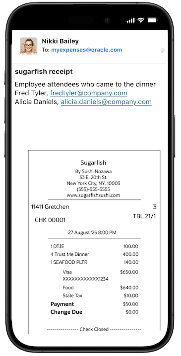 Employee emails a receipt with available expense details