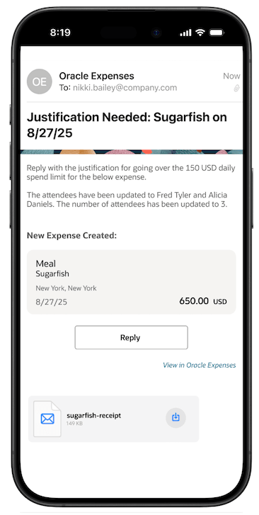 Expenses Agent requests missing information by email