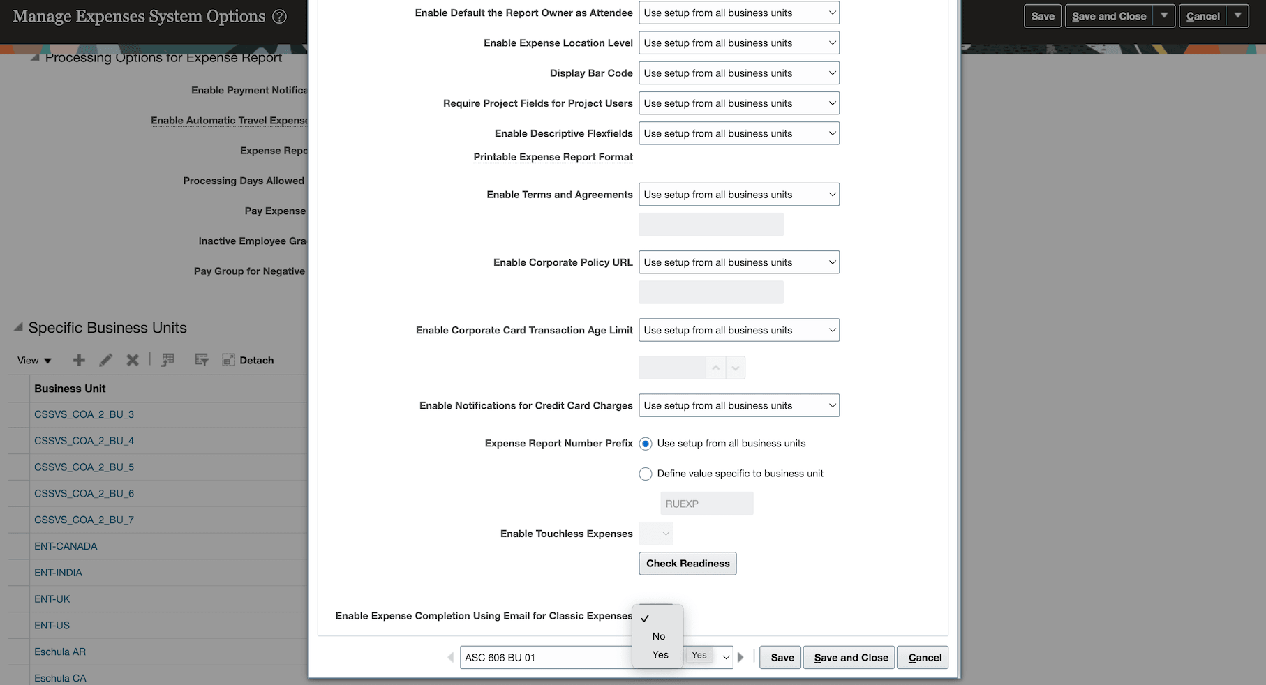 Corporate Options for Expense Report window