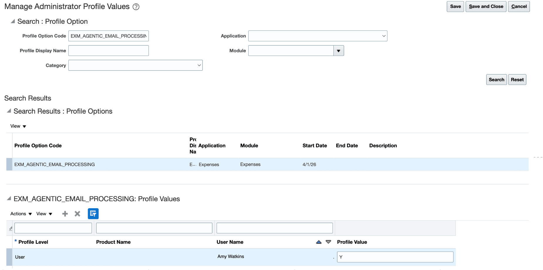Manage Administrator Profile Values page