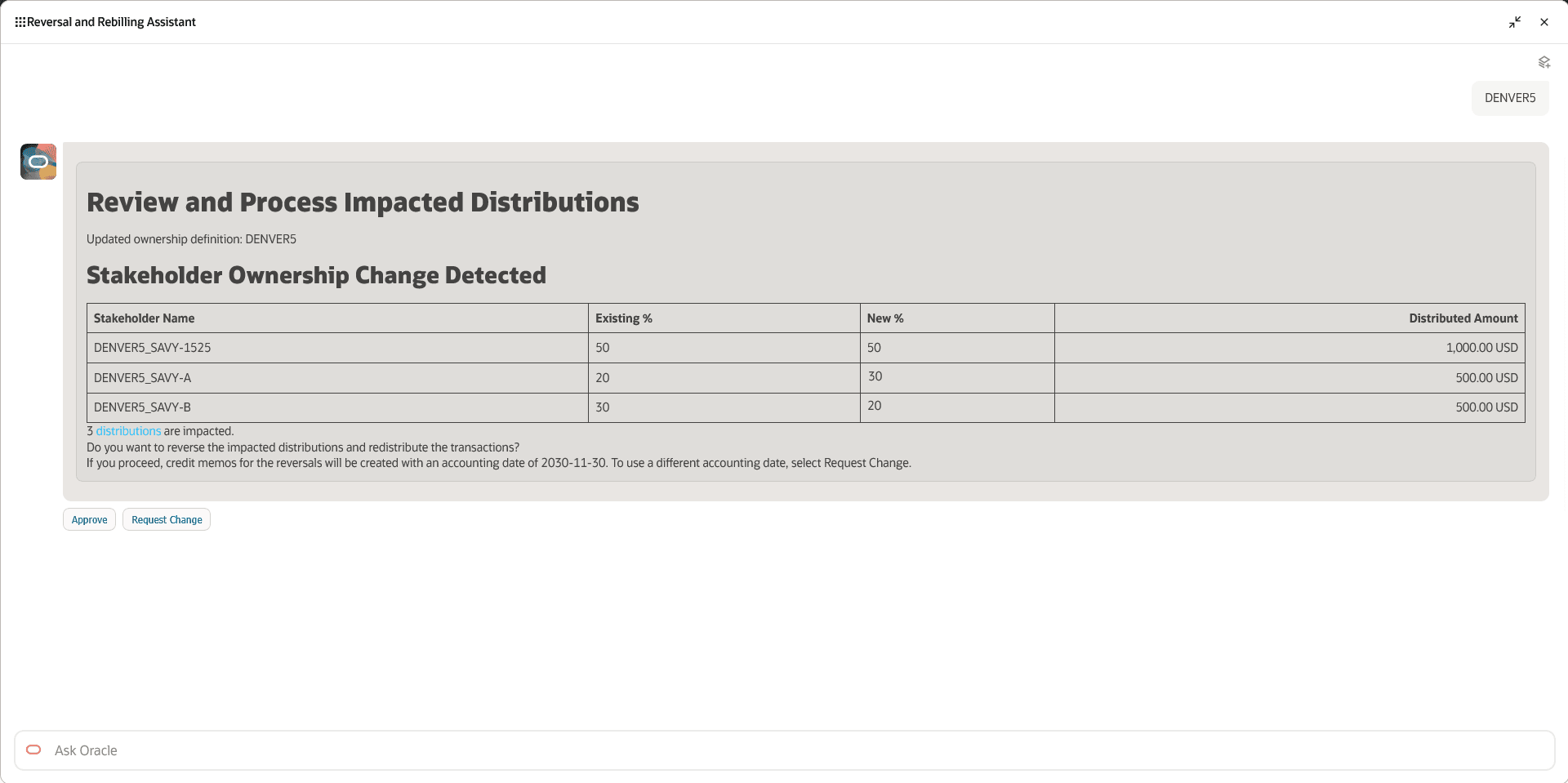 Reversal and Rebilling Assistant displaying the details of the change in ownership definition and prompting the user to run the reversal and rebilling process.