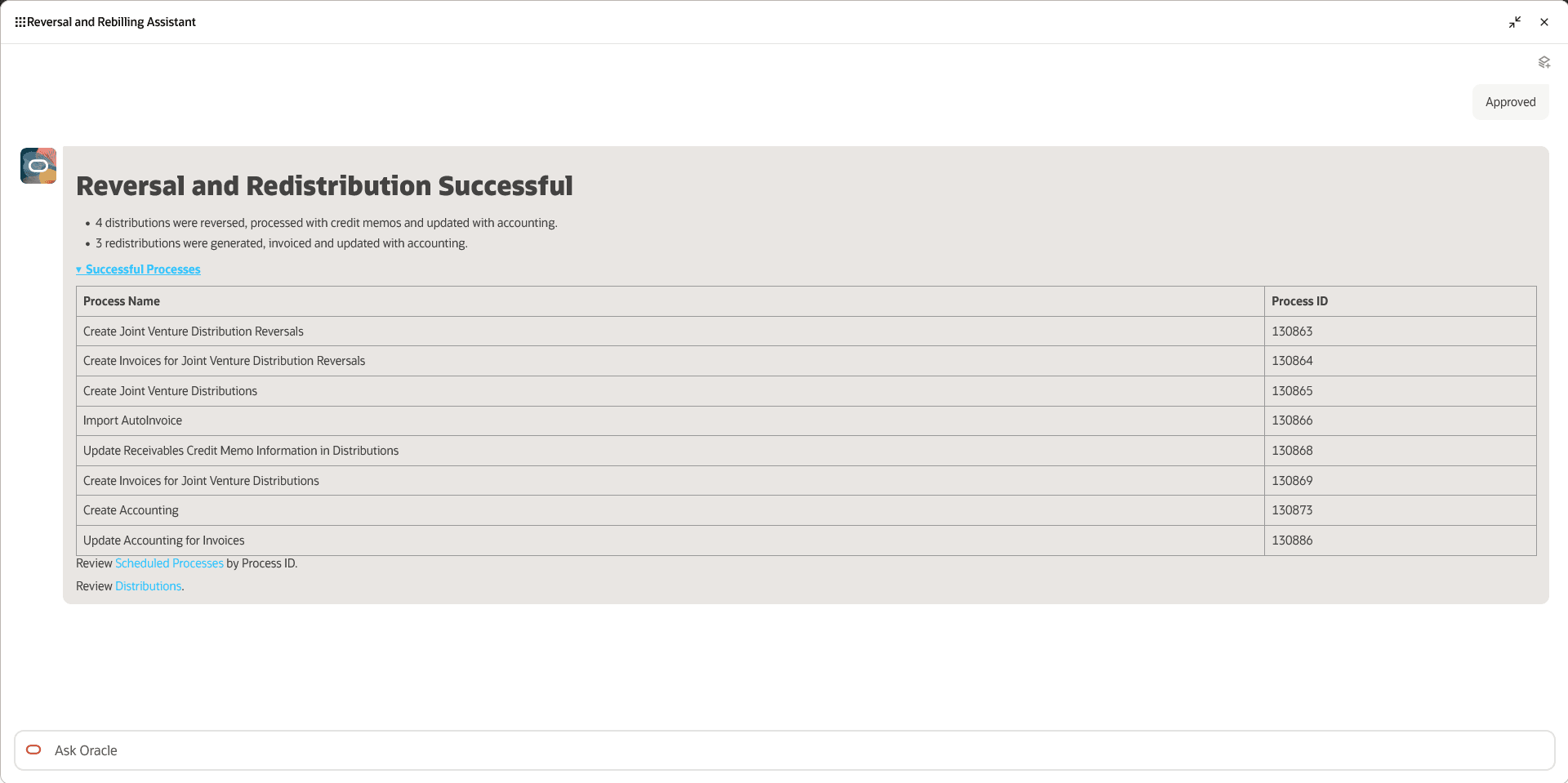 Reversal and Rebilling Assistant displaying the summary after running the reversal and rebilling process.
