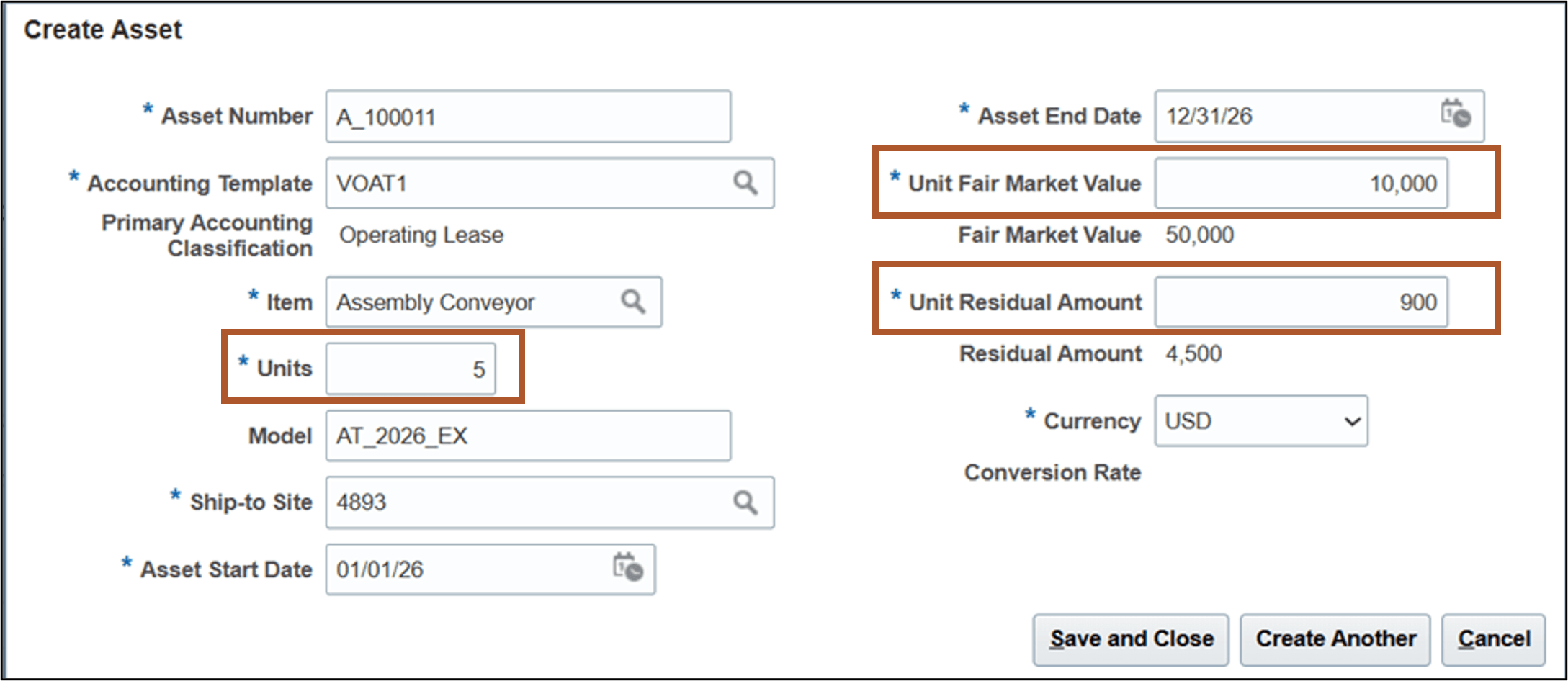 Create Asset page