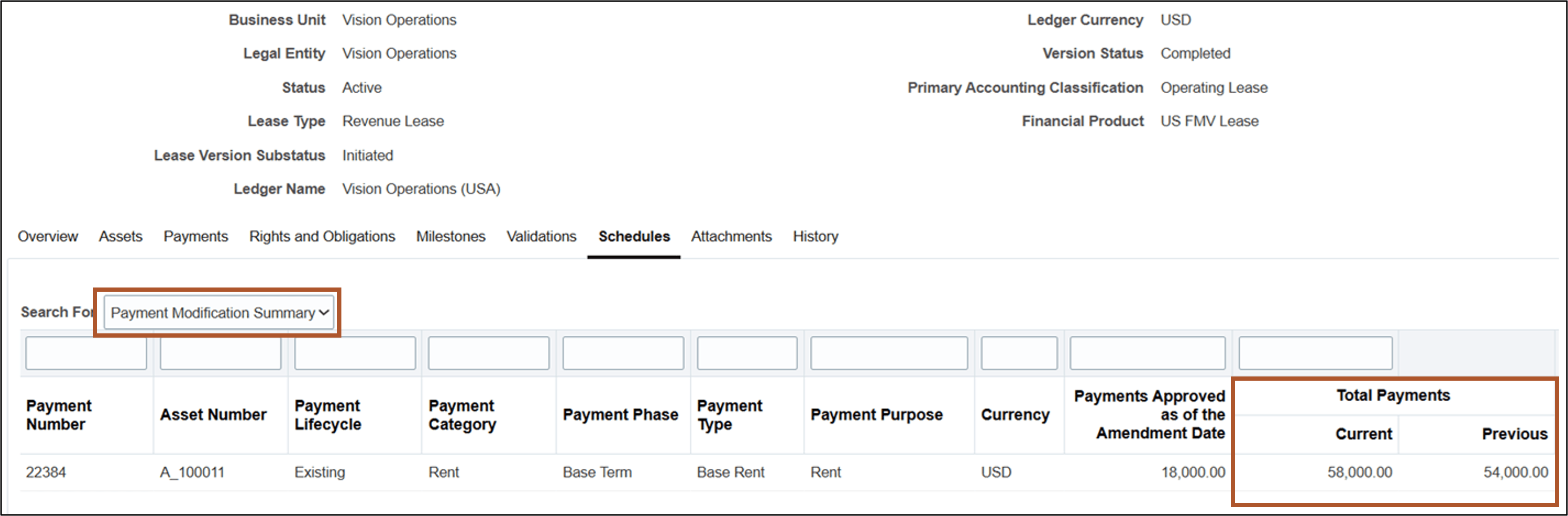 Schedules tab - Payment Modification Summary