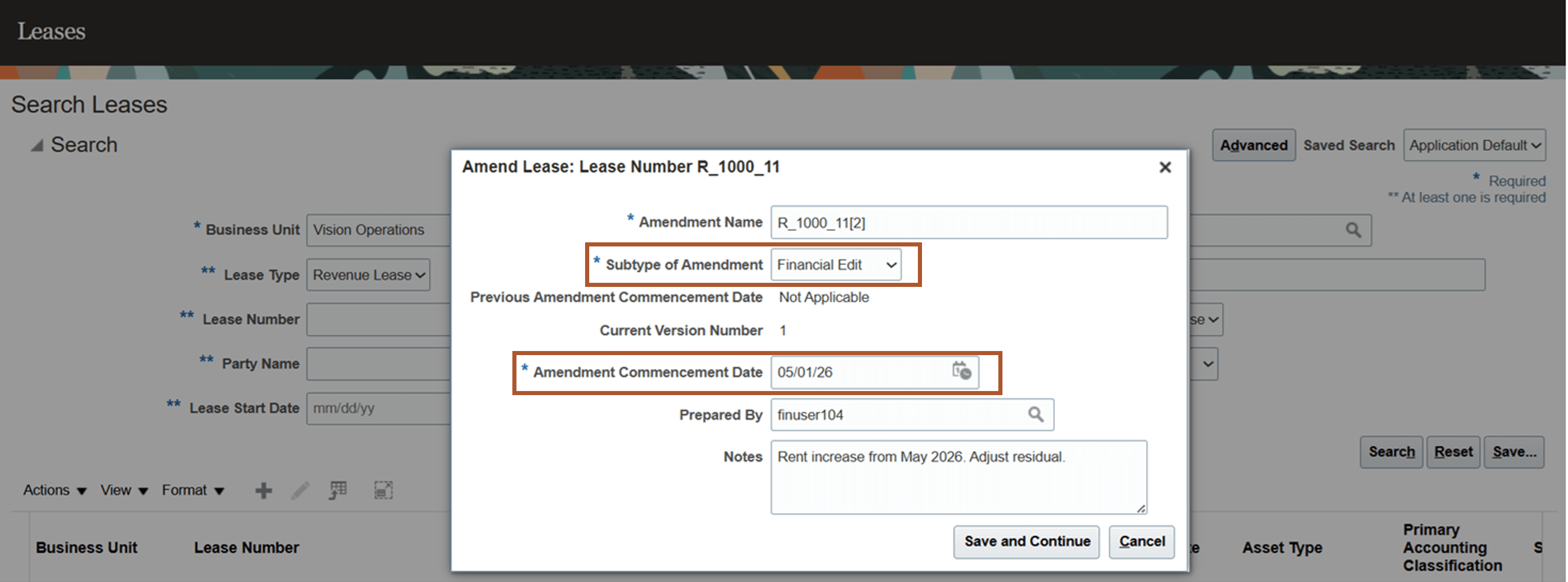 Create Amendment page